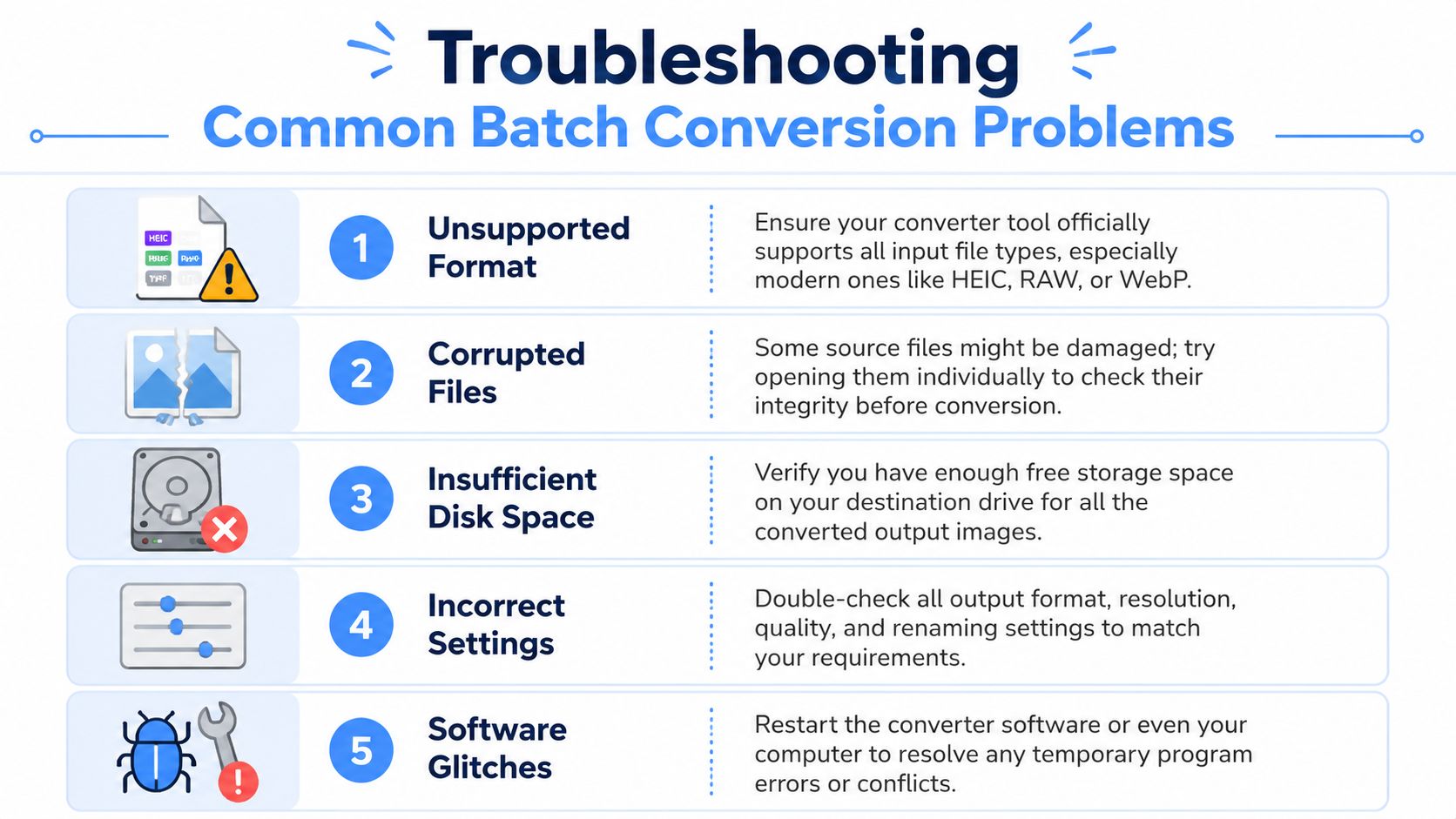 An infographic titled Troubleshooting Common Batch Conversion Problems, listing five common issues and solutions for image conversion errors.