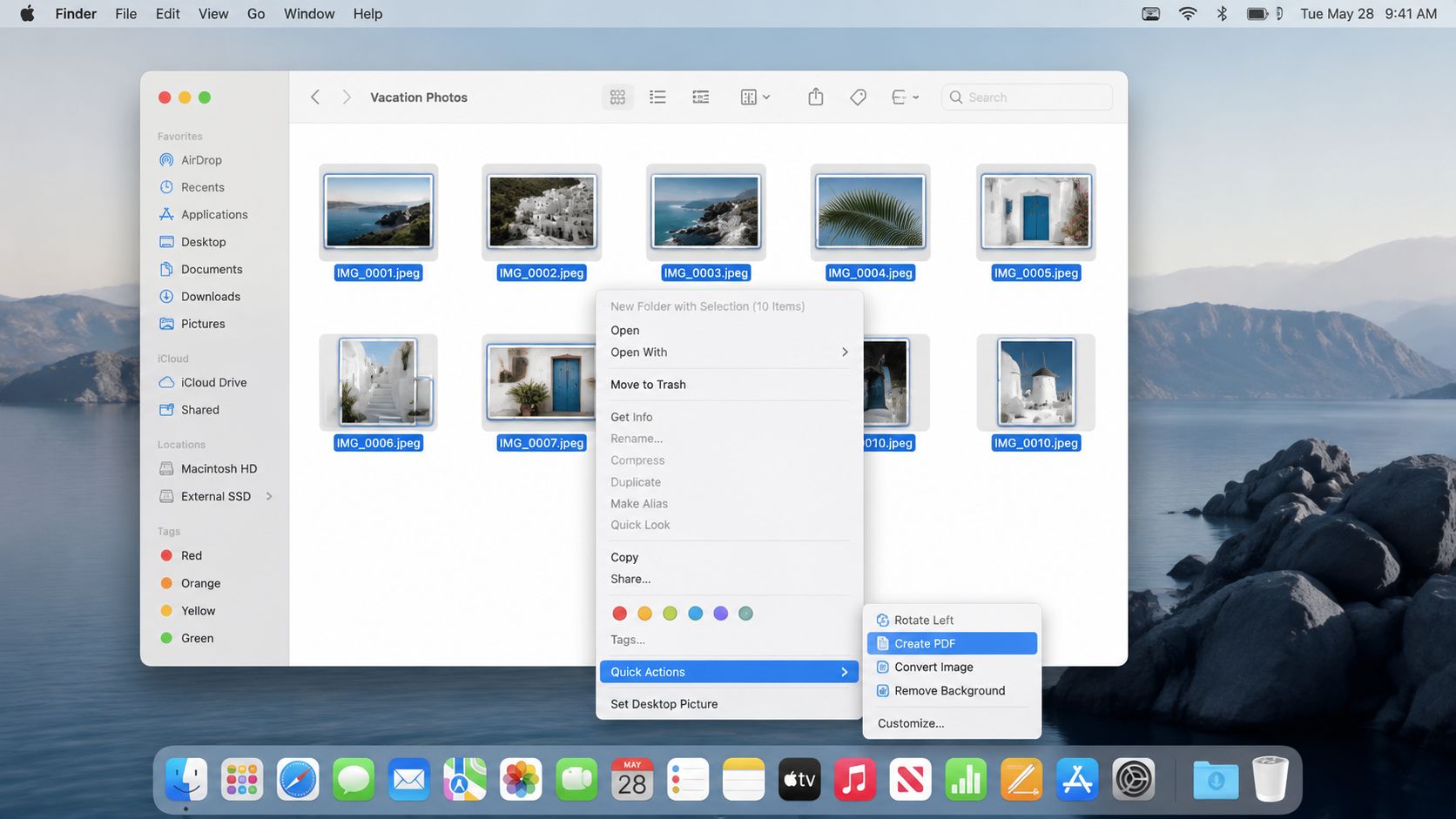 A computer screen showing a macOS Finder window with multiple photos selected and a menu open to create a PDF.