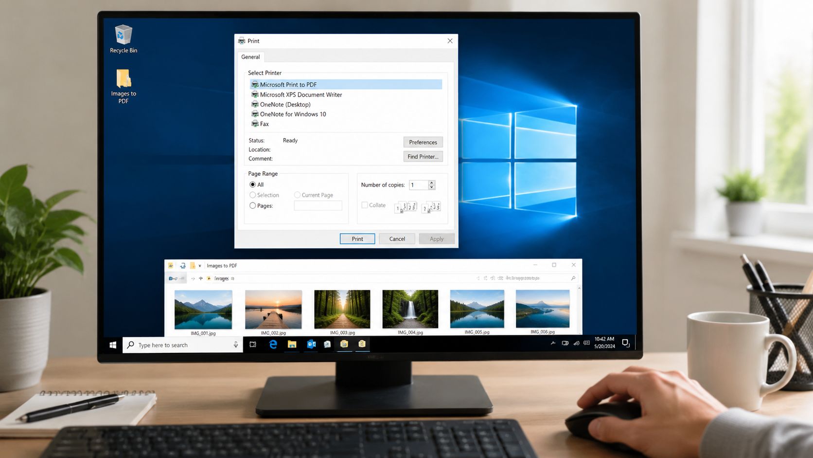 A computer screen showing a user printing multiple image files into a single PDF document.