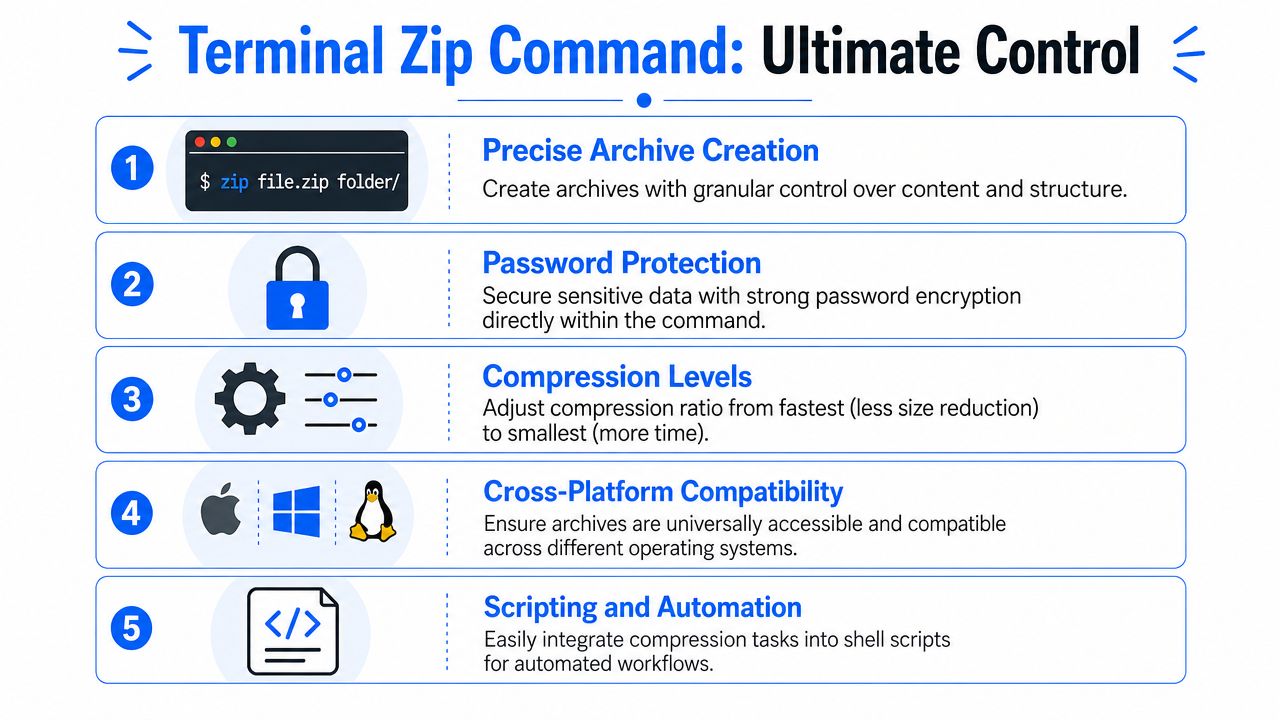 A graphic highlighting the five key benefits of using the terminal zip command for file management.
