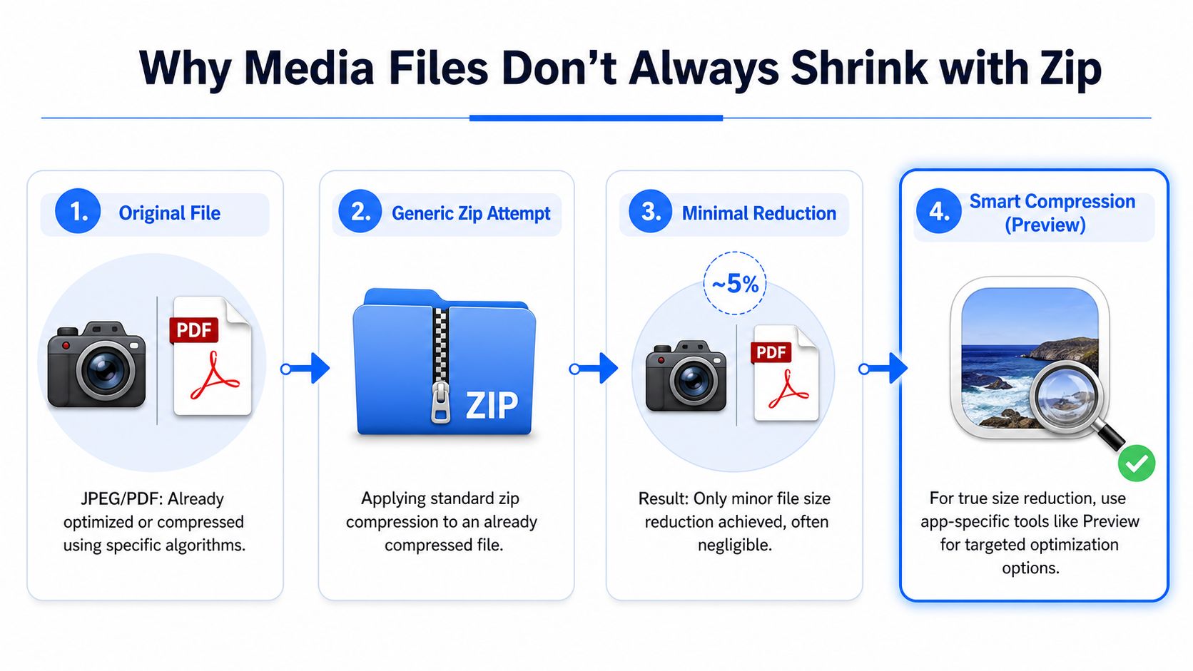 A diagram explaining why JPEG and PDF files often show minimal size reduction when using generic zip compression.