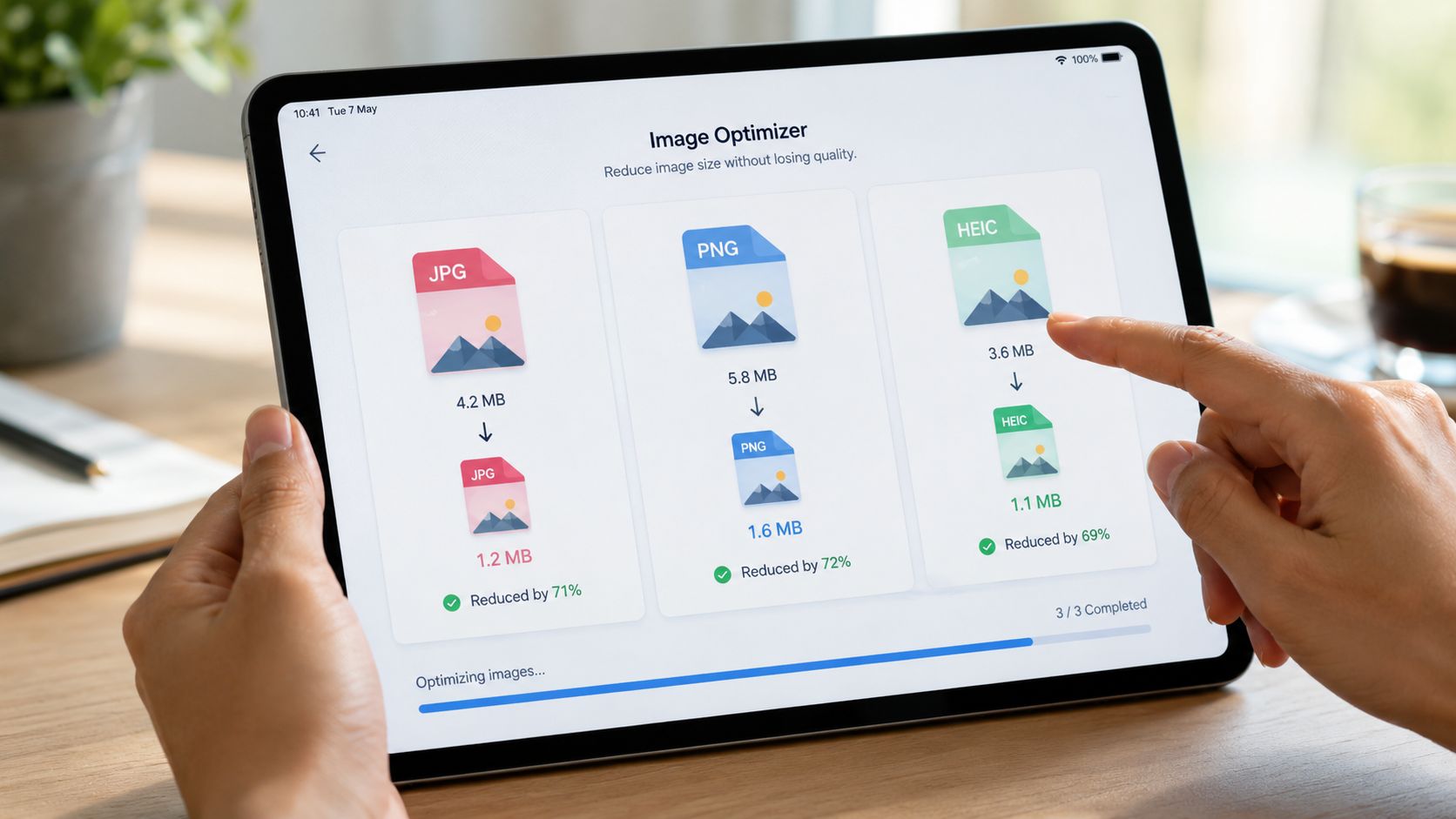 A person using a tablet to display an image optimizer app reducing file sizes for images.