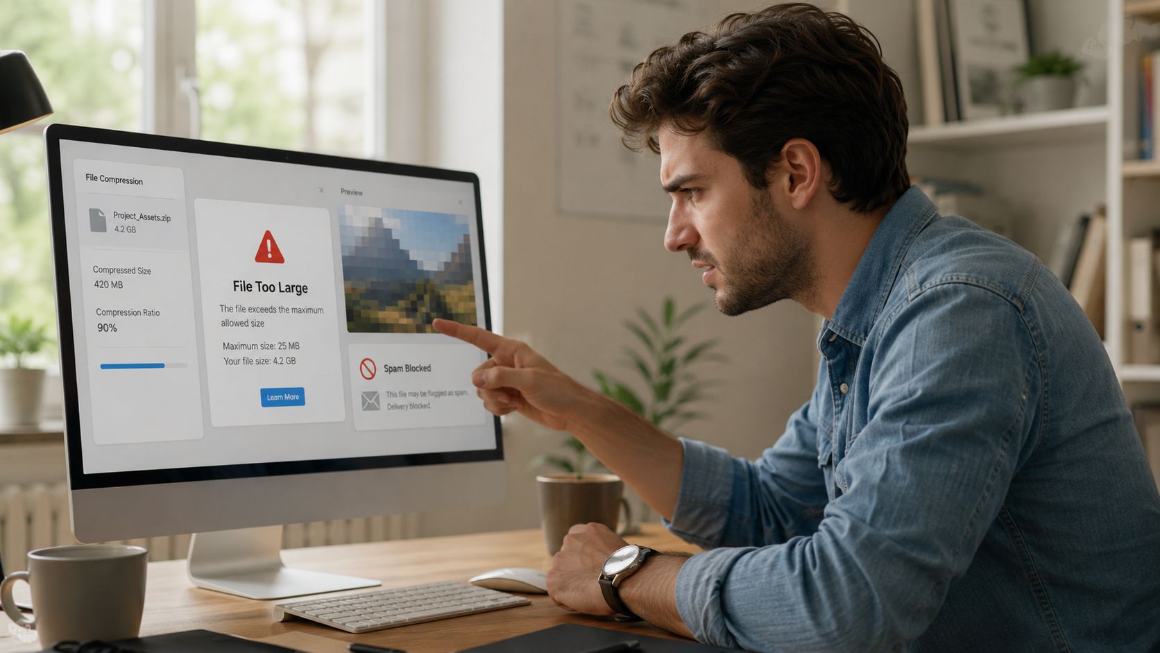 A concerned young man pointing at a computer screen displaying a file compression error message.