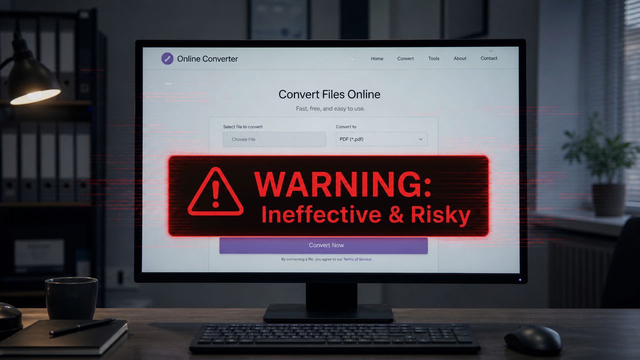 A computer screen displays an online file conversion website with a large, red warning overlay about security risks.