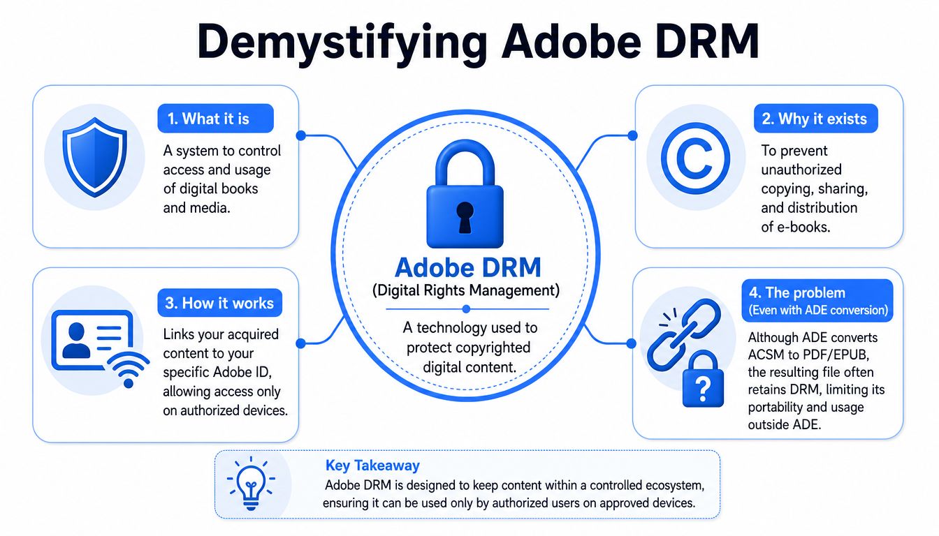 An infographic explaining Adobe DRM, its purpose, functionality, and the common portability issues faced by users.