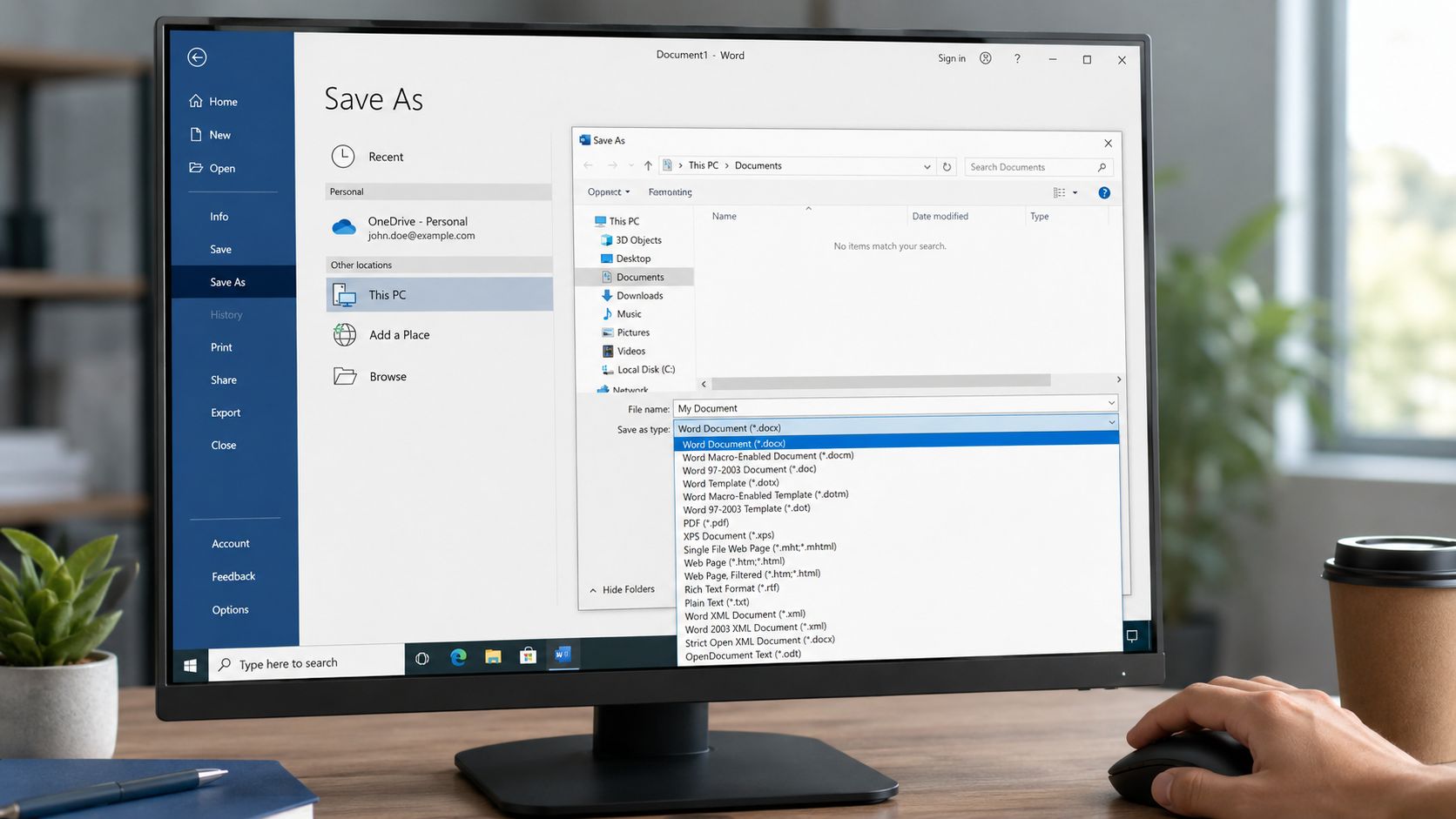 A computer screen displaying the Microsoft Word Save As dialog box with a file format dropdown menu open.