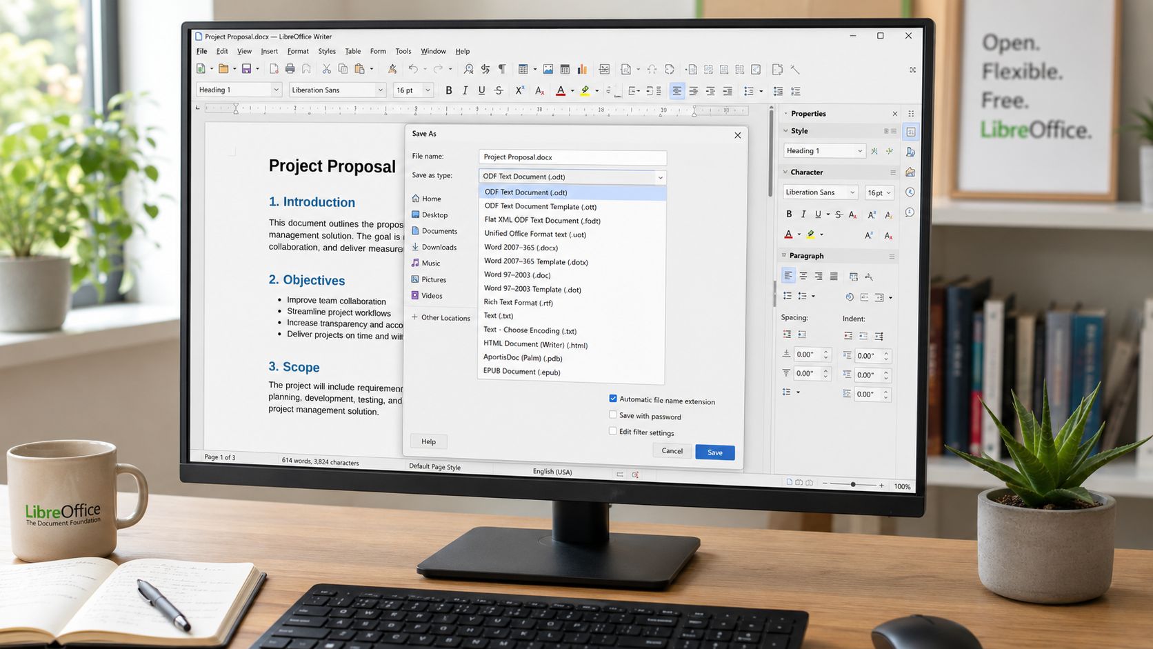 A computer monitor displaying the LibreOffice software interface with a Save As file format dialog box open.