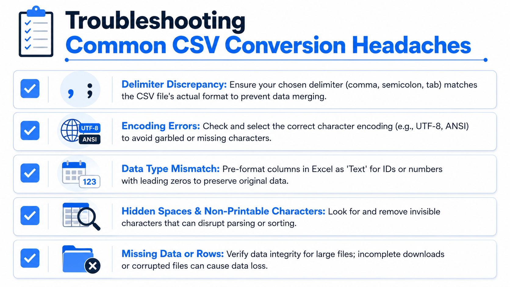 A checklist graphic illustrating five common troubleshooting tips for resolving CSV to Excel data conversion problems.