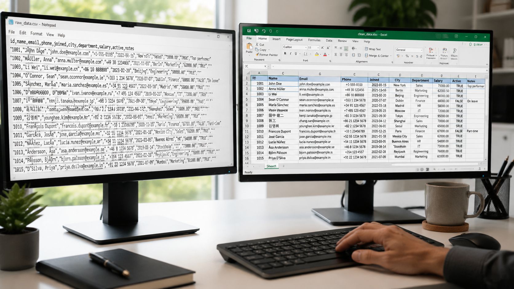 A dual monitor setup displaying a CSV file alongside a formatted Excel spreadsheet for data analysis.