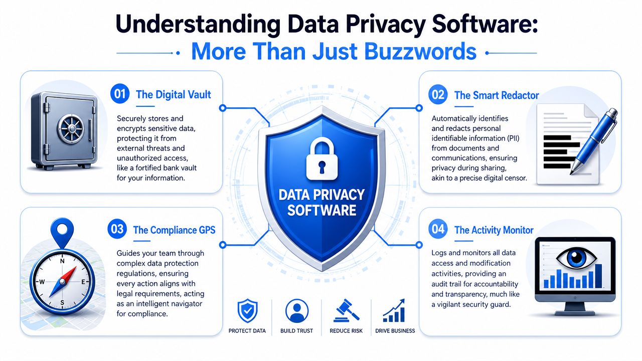 An infographic titled Understanding Data Privacy Software detailing four key components: digital vault, smart redactor, compliance GPS, and activity monitor.
