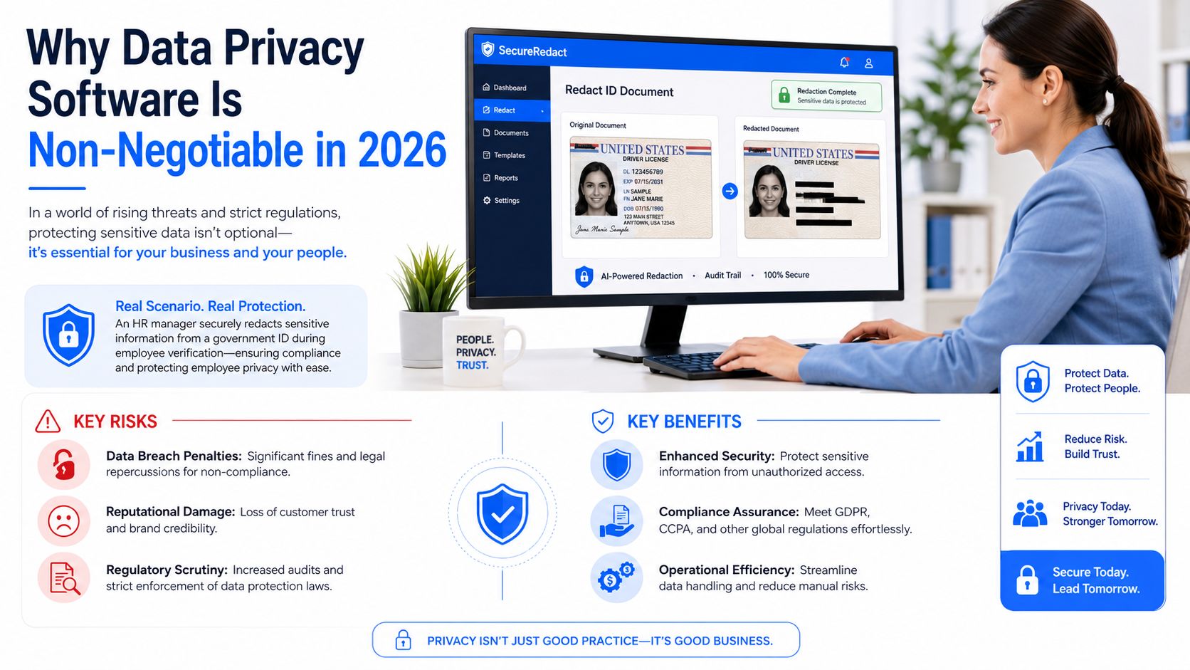 A professional infographic titled Why Data Privacy Software Is Non-Negotiable in 2026, featuring a woman using SecureRedact software.