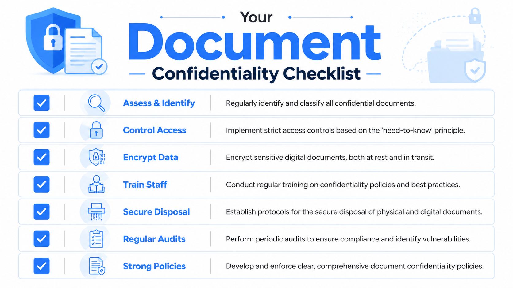 A checklist infographic outlining seven essential steps for maintaining document confidentiality in a professional business setting.