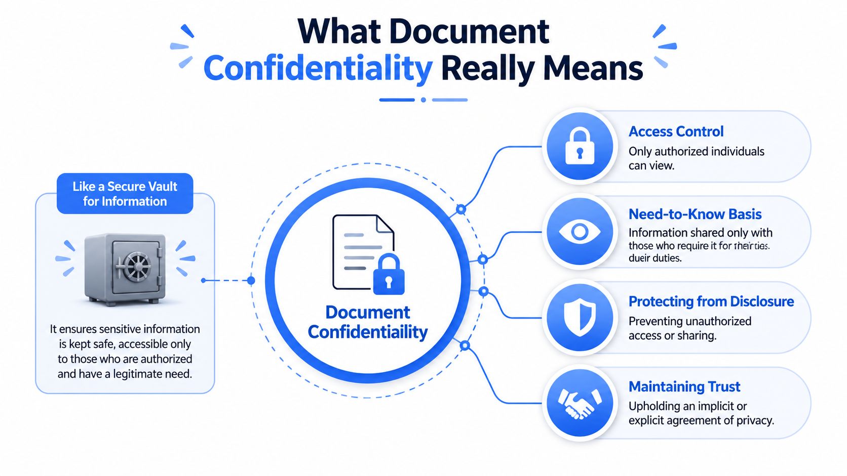 An infographic explaining document confidentiality through key principles like access control, need-to-know basis, and trust.