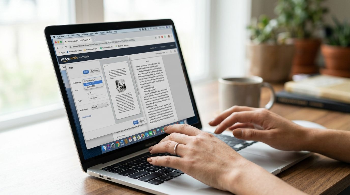 A person using a laptop to save an Amazon Kindle book as a PDF document on screen.