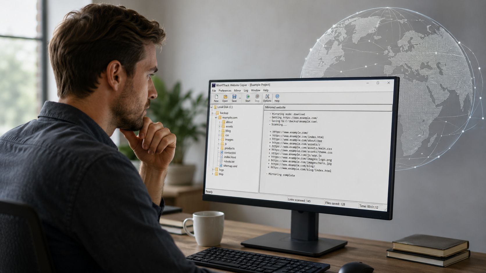 A man sits at a desk looking at a monitor displaying a website downloading application program.