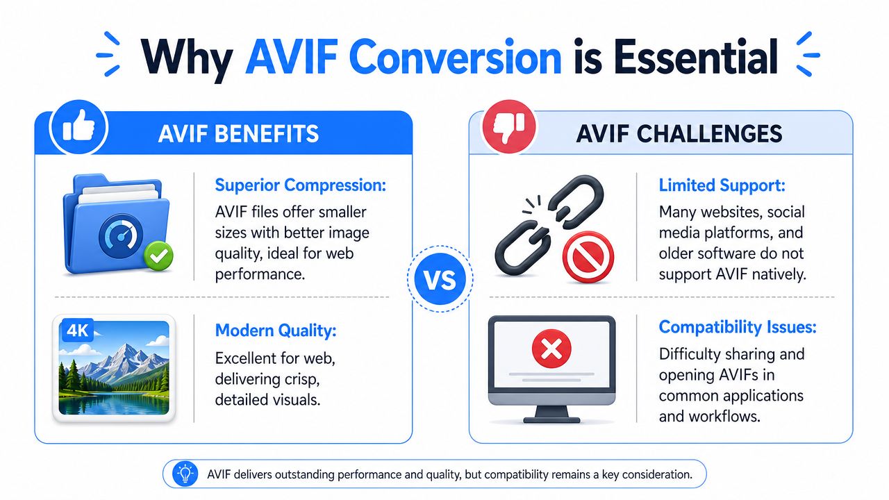 An infographic comparing the benefits and challenges of the AVIF image file format for web use.