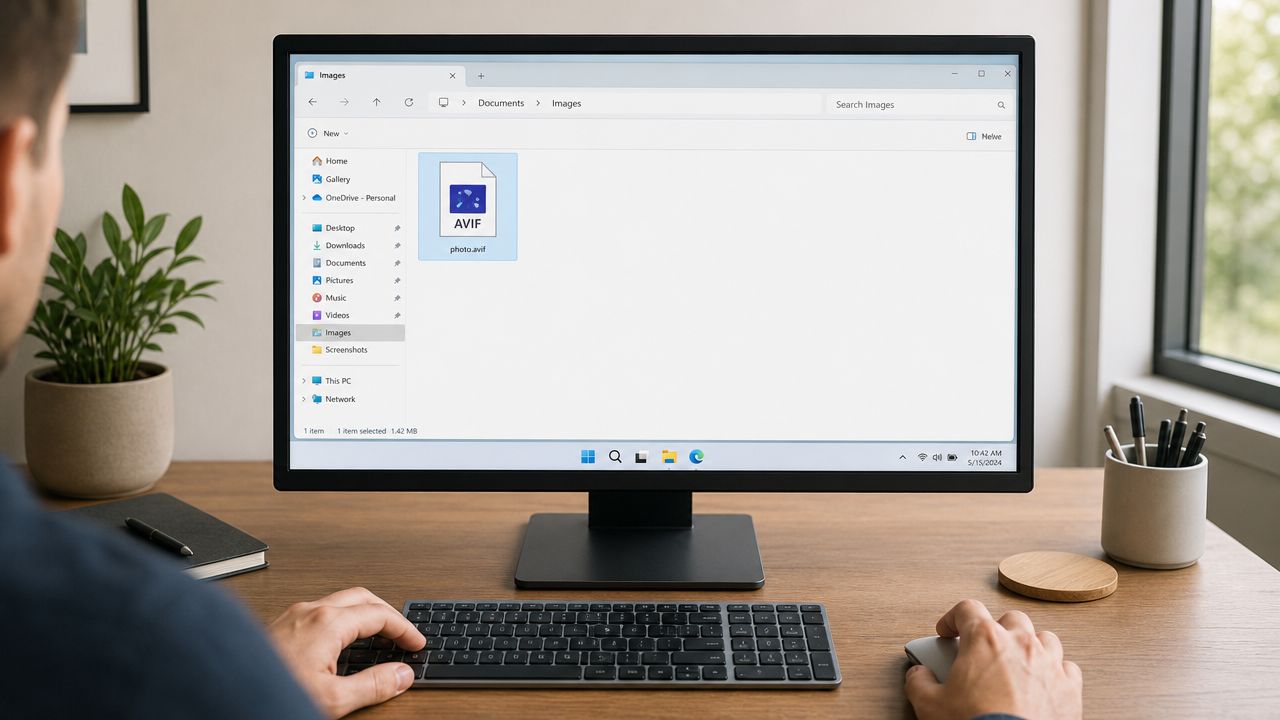 A person sitting at a desk looking at a computer screen showing an AVIF file in a folder.