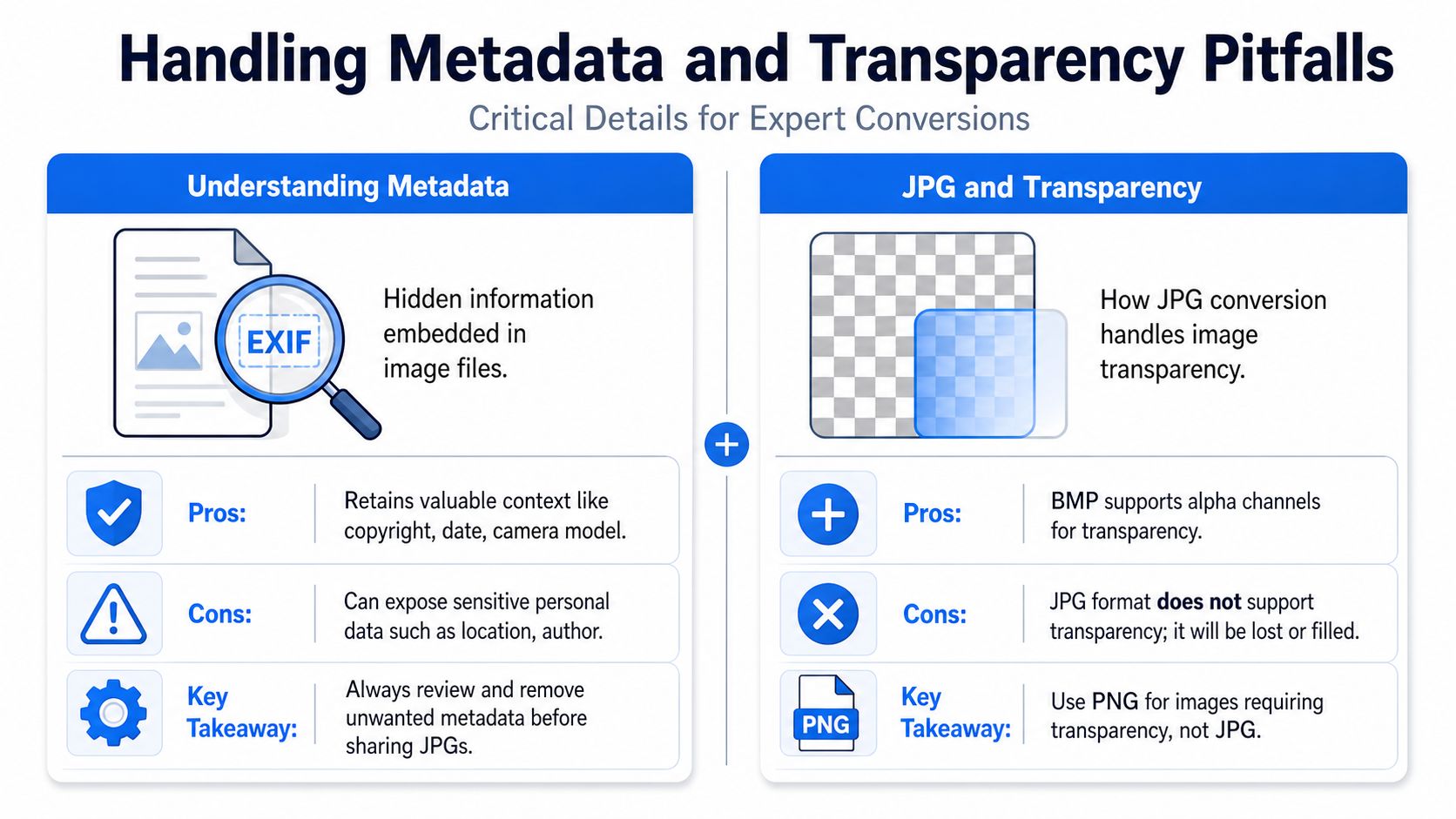 An infographic showing metadata and transparency pitfalls when converting between image formats like BMP and JPG.