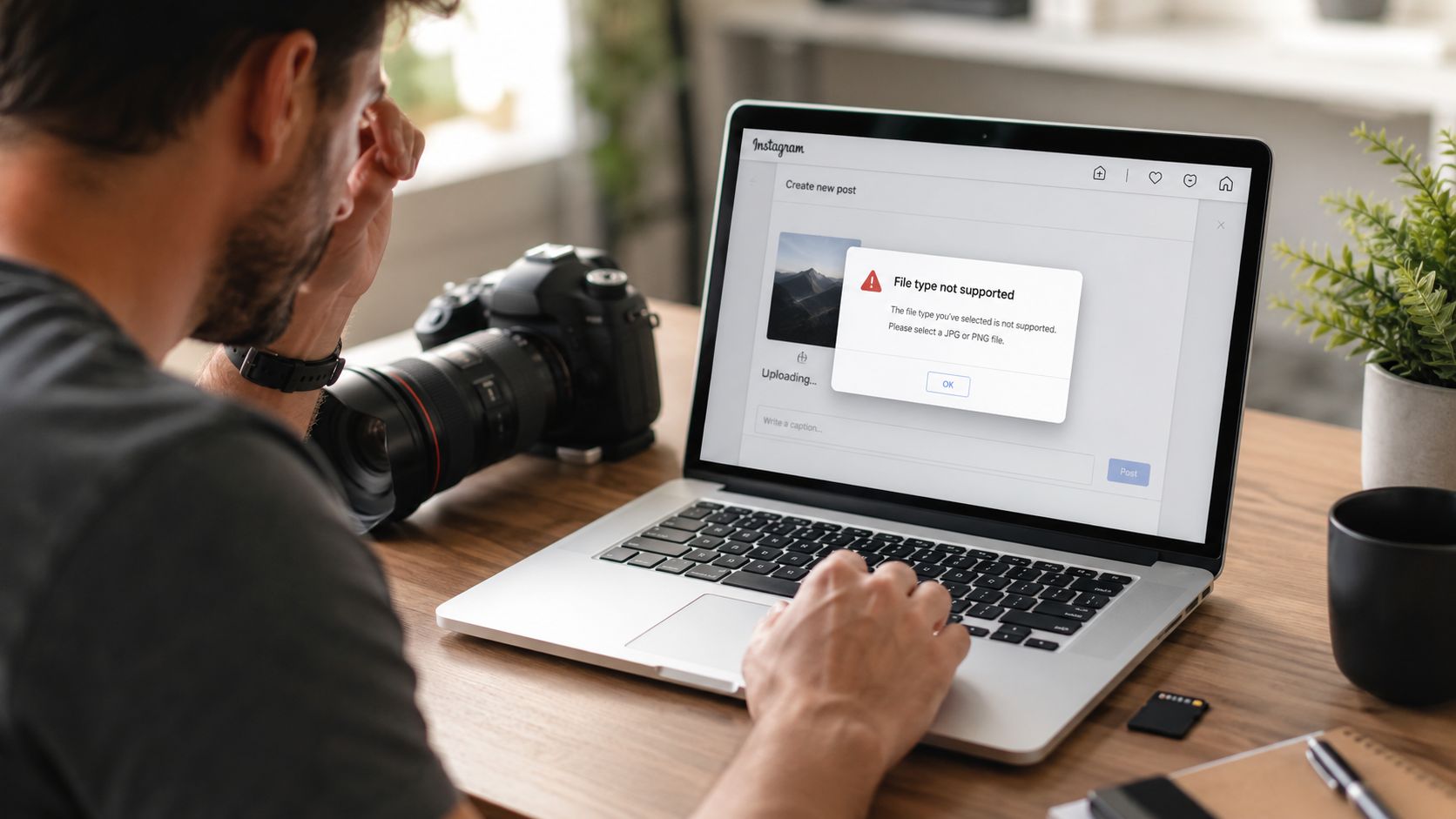 A photographer looking frustrated at a laptop screen showing an Instagram file type not supported error message.