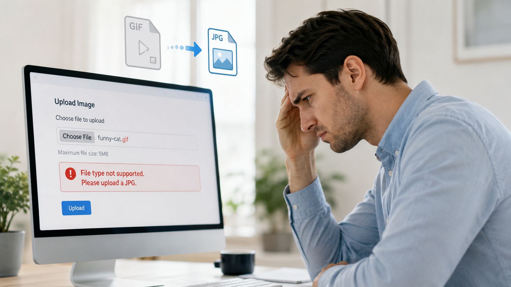 A frustrated man looking at his computer screen displaying an error message about an unsupported file type.