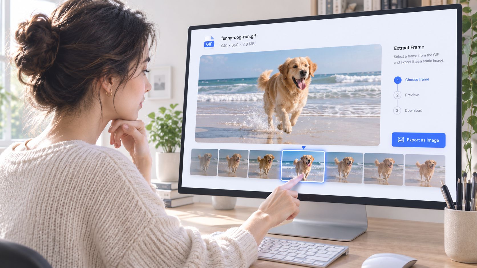 A woman using a computer interface to select and extract a single frame from a GIF image file.