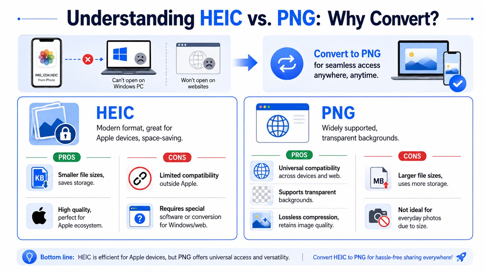 An infographic illustrating the comparison between HEIC and PNG image formats and reasons for converting files.