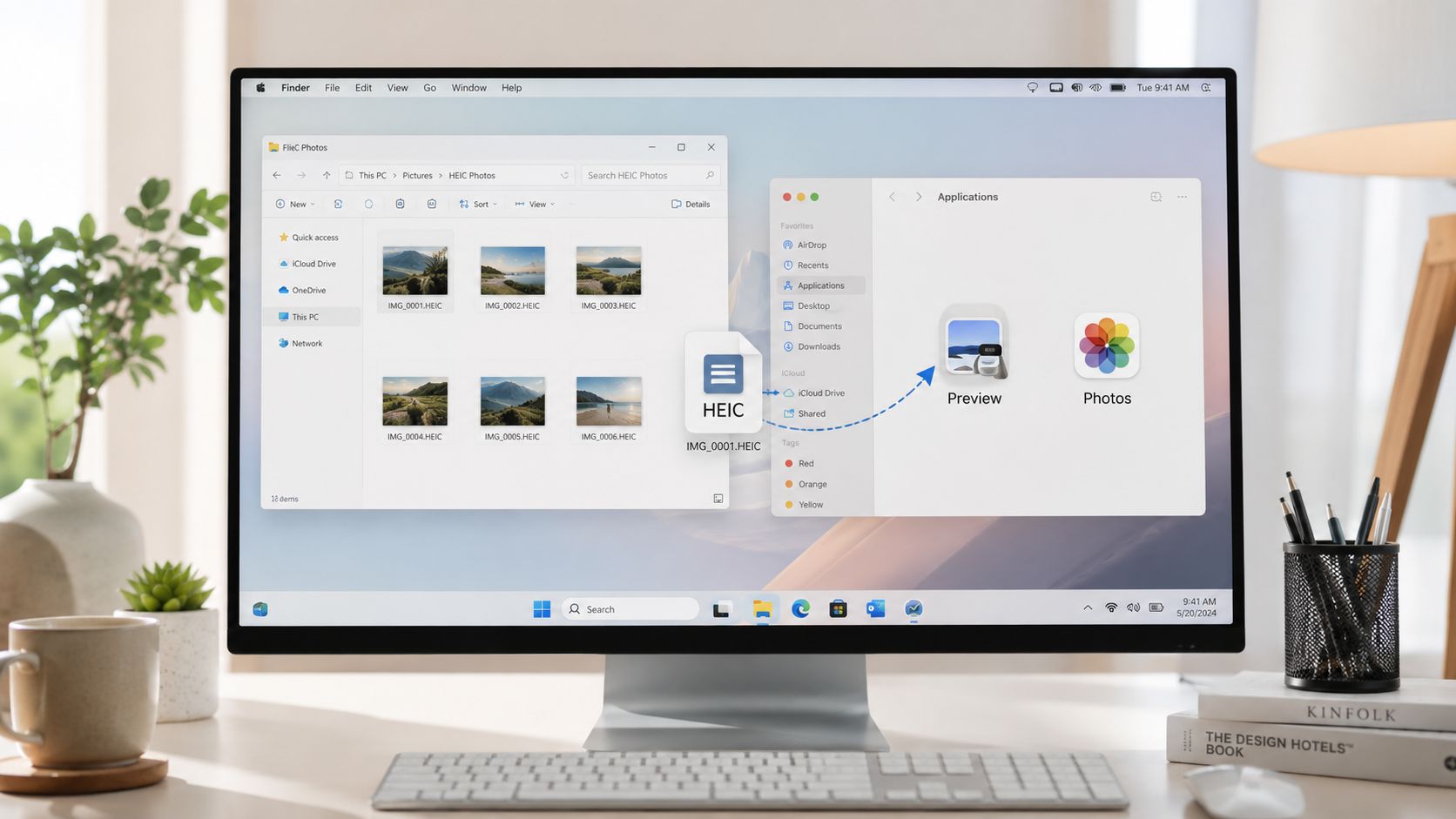 A computer screen showing a file being dragged from a folder into a preview application window.