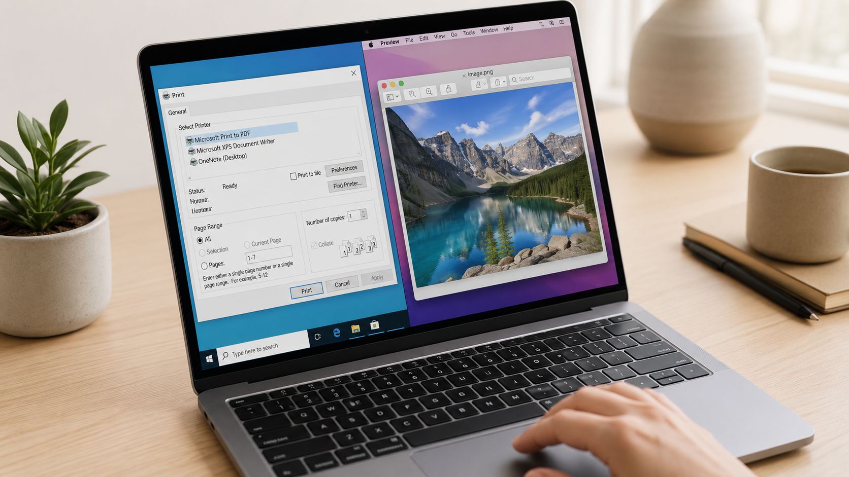 A user preparing to convert a PNG image to a PDF document using the print menu on a laptop.