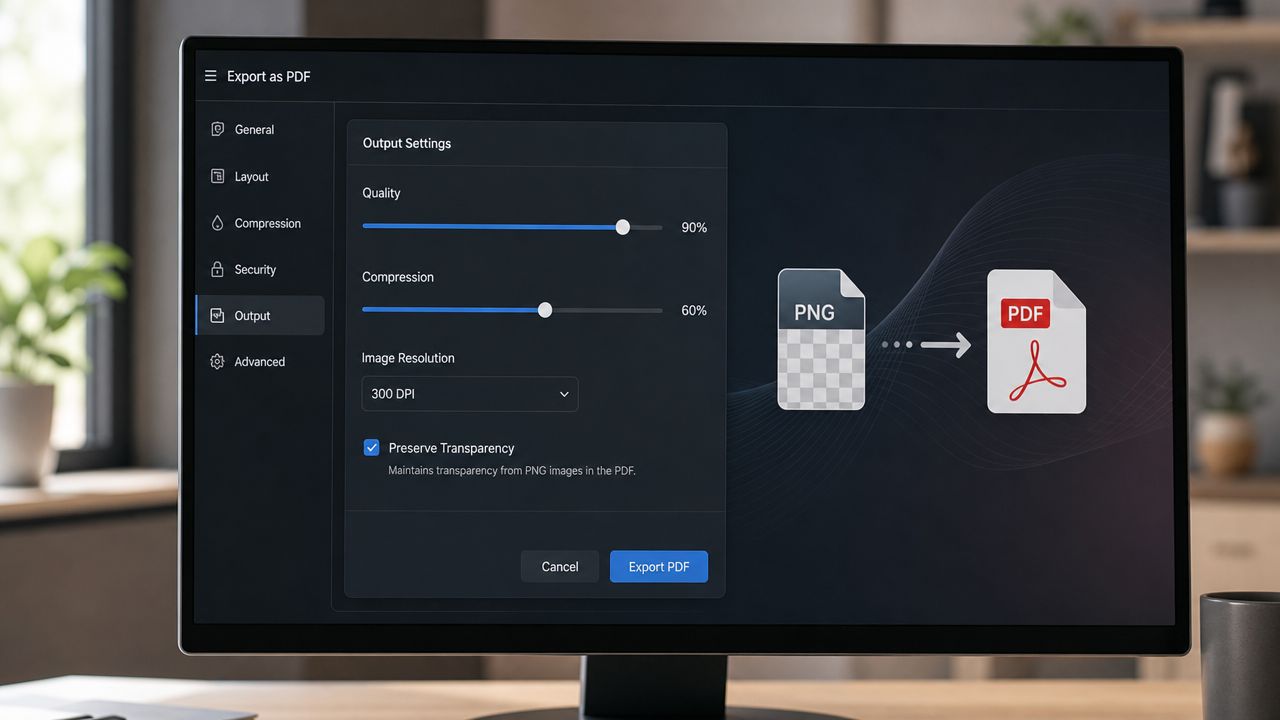 A computer screen showing the software interface for converting a PNG image file into a PDF document.