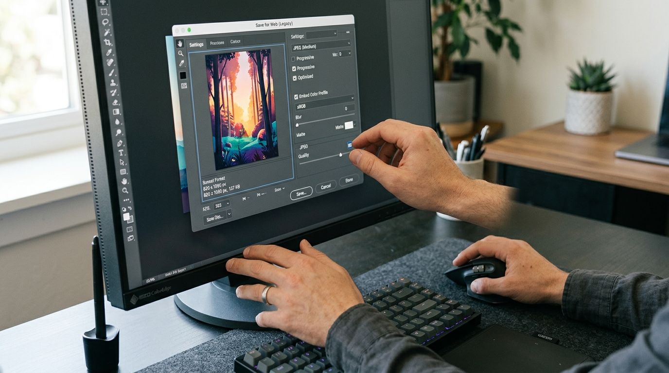 A designer adjusting export settings for a digital forest illustration on a computer screen in their workspace.