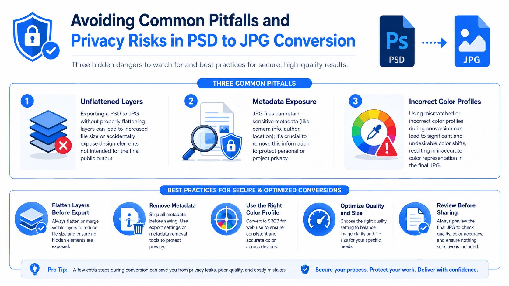 An infographic detailing common pitfalls and best practices when converting PSD files to JPG formats securely.