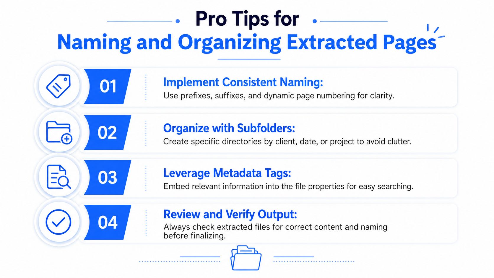 An infographic titled Pro Tips for Naming and Organizing Extracted Pages, showing four numbered steps for document management.