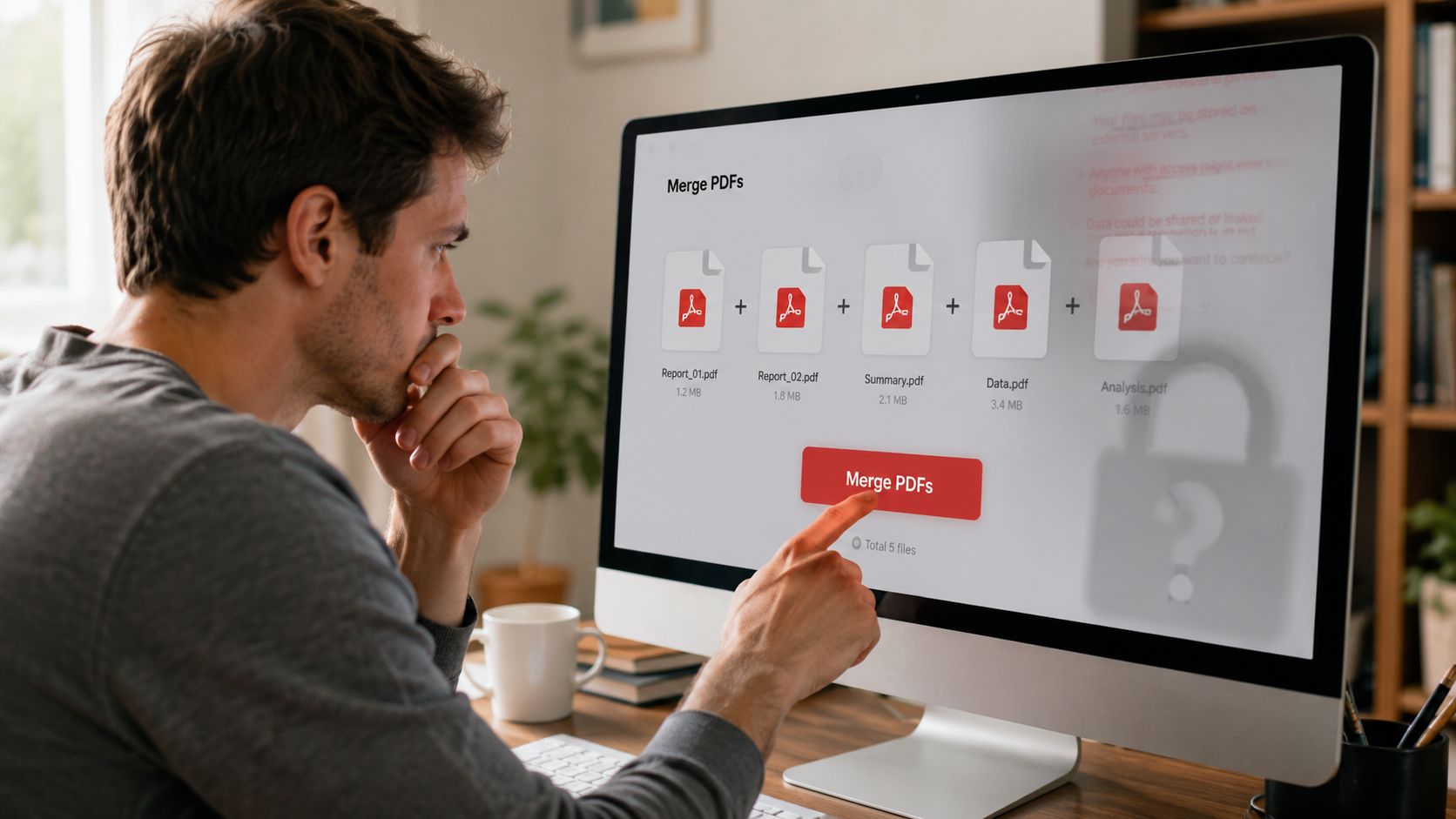 A man pointing at a computer screen showing a web interface to merge five PDF files.