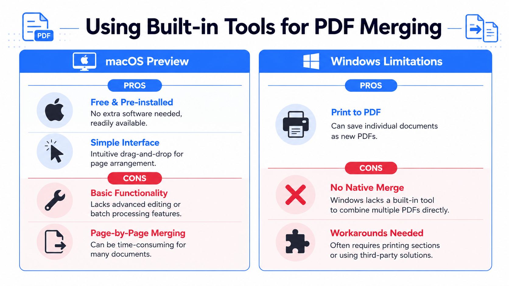 A comparison infographic showing pros and cons of using macOS Preview and Windows tools for merging PDFs.