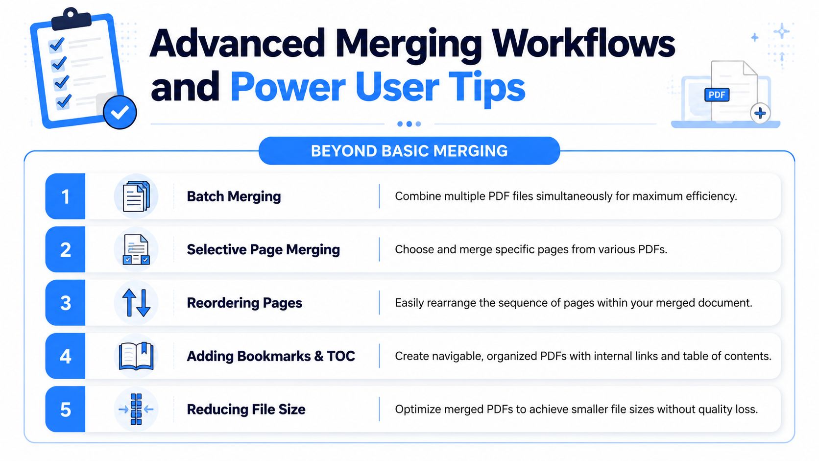 An infographic titled Advanced Merging Workflows and Power User Tips listing five essential PDF document management techniques.