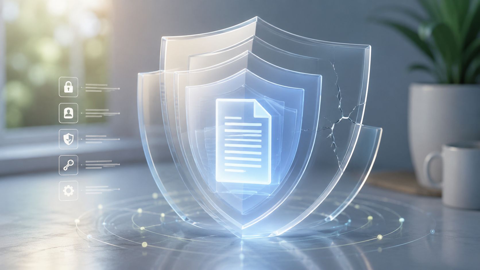 A digital document icon protected by multiple transparent glass shields, symbolizing cybersecurity and data privacy protection.