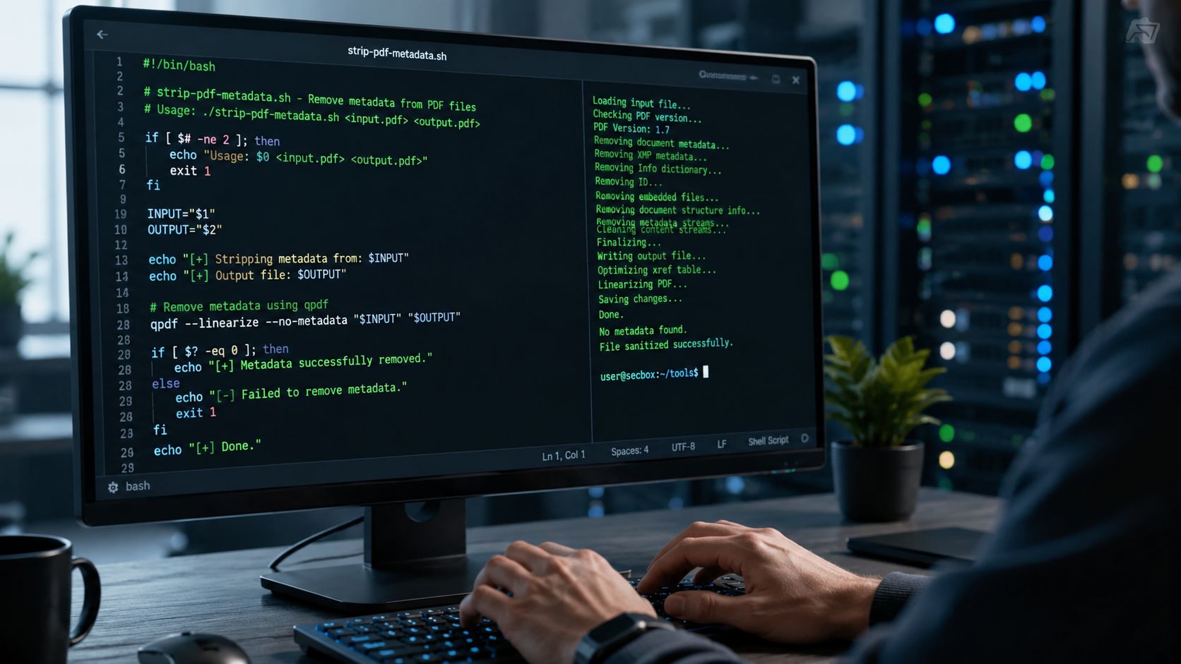 A person writing a shell script on a computer to remove metadata from PDF files.