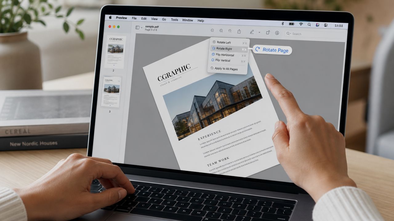 A person using a laptop to rotate a PDF page document using the Preview software on macOS.