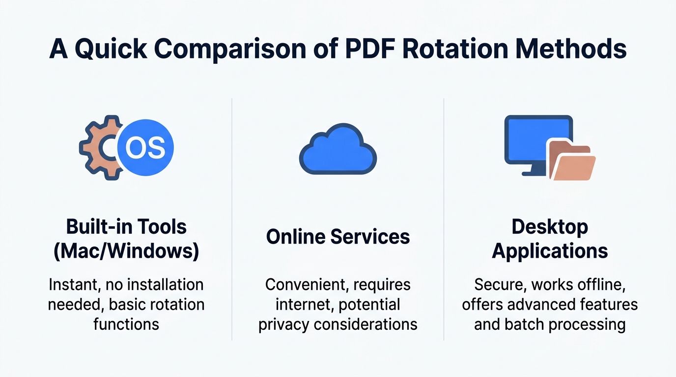 A comparison chart showing three ways to rotate PDF pages: built-in tools, online services, and desktop applications.