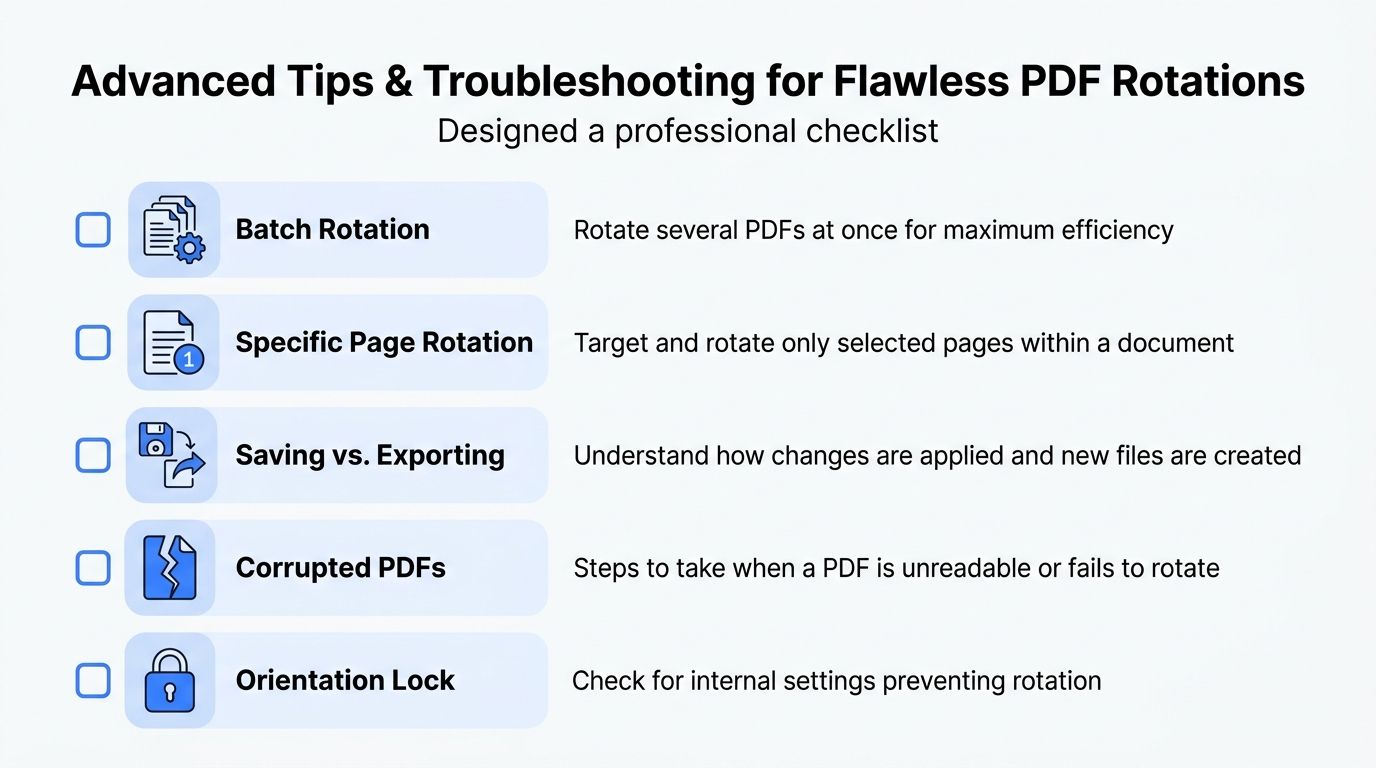 A professional checklist for PDF rotation with tips on batch processing, page selection, and troubleshooting common issues.