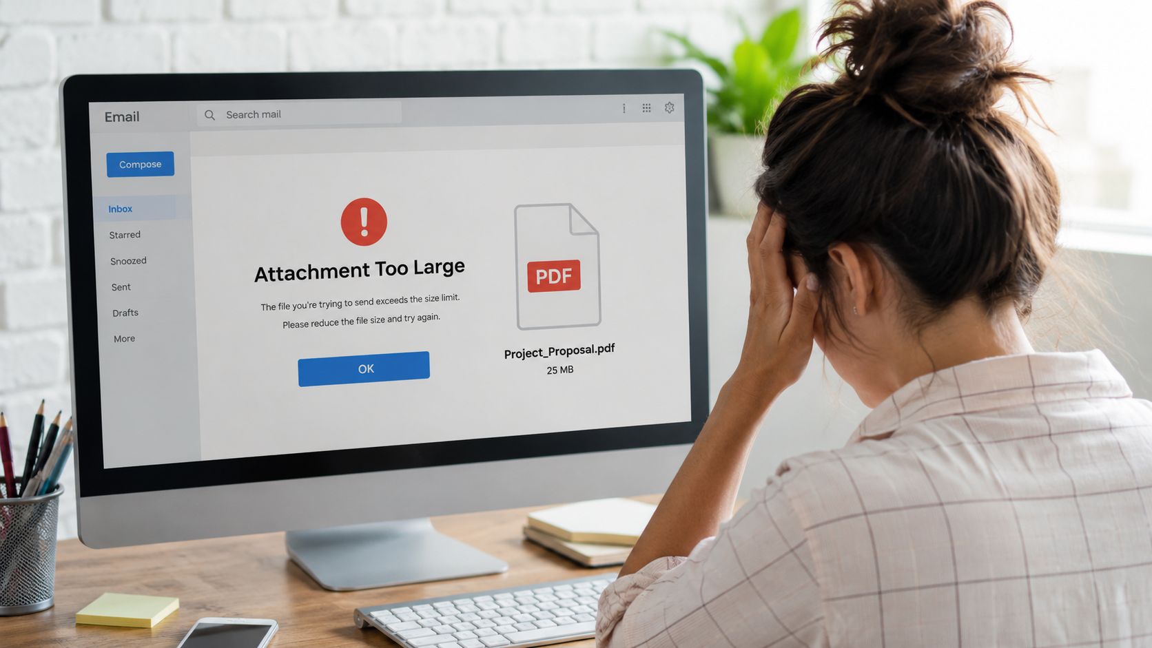 A frustrated woman looking at a computer screen showing an attachment too large error for a PDF.