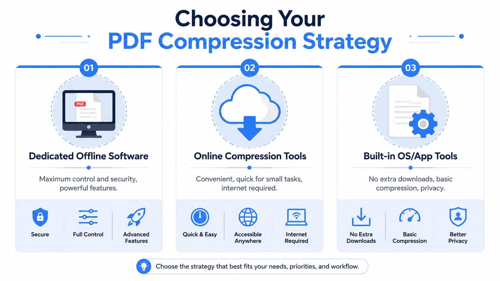 An infographic comparing three different strategies for compressing PDF files, including offline software, online tools, and built-in features.