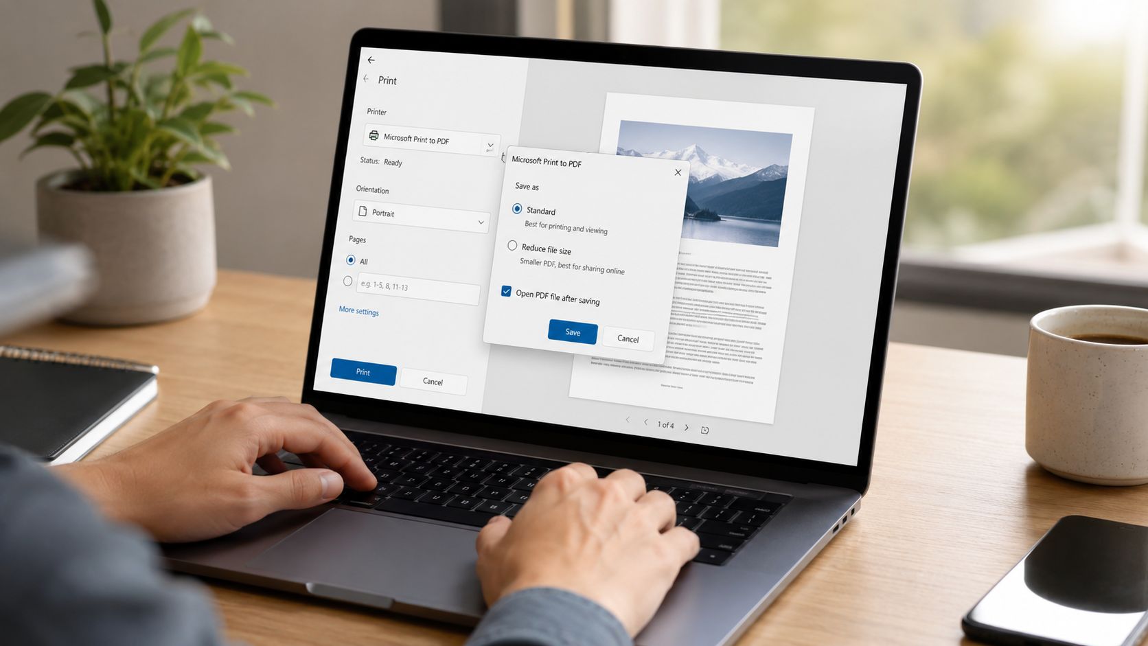 A person using a laptop to print a document to PDF with options to reduce file size.