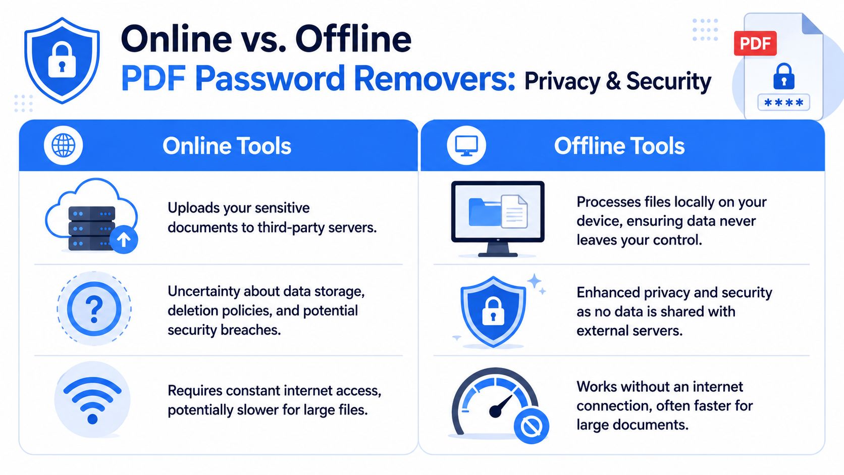 A comparison infographic showing the security and privacy differences between online and offline PDF password remover tools.