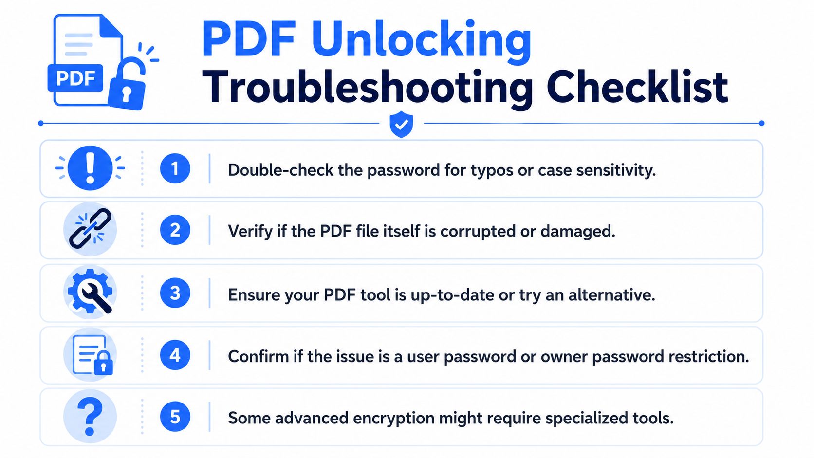 A professional checklist infographic detailing five essential steps to troubleshoot issues with unlocking password protected PDF files.