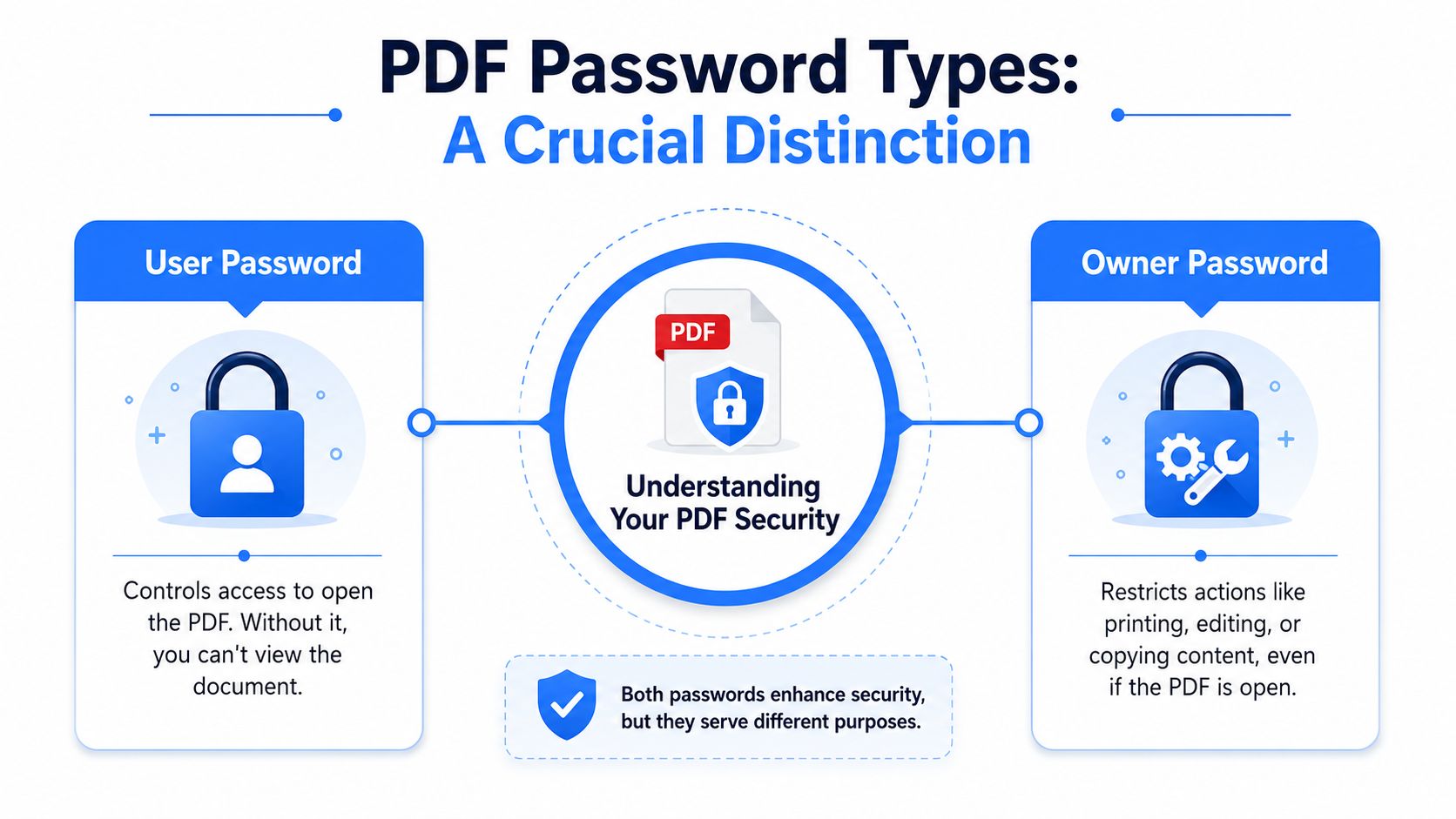 A diagram comparing user and owner password security types for PDF files, explaining their distinct protection functions.