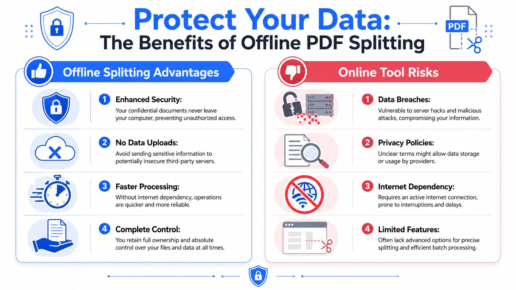 A comparison infographic showing the security and speed benefits of offline PDF splitting over online tools.