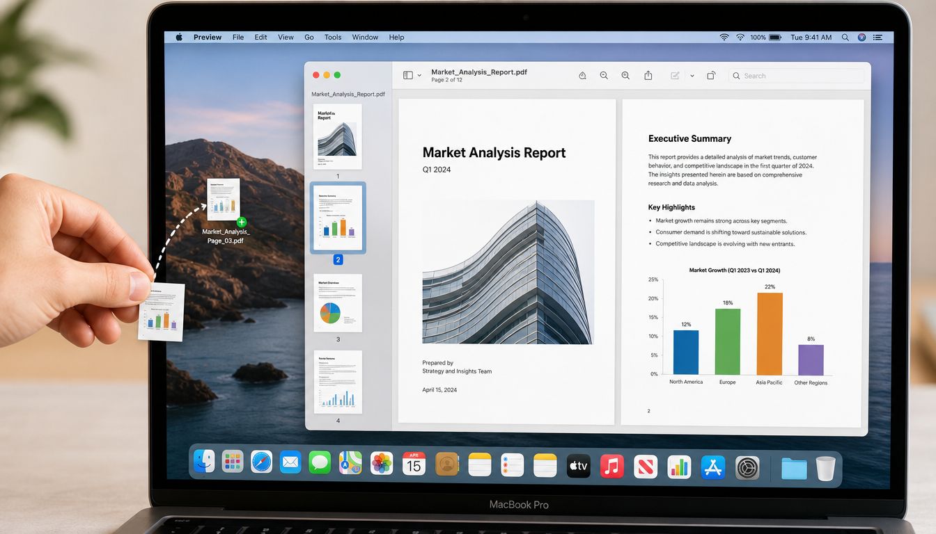 A hand dragging a small page document into a PDF preview window on a MacBook screen.