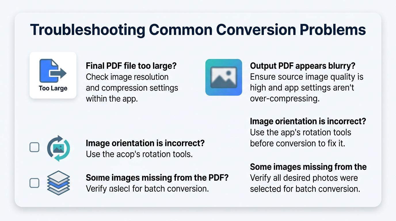 A troubleshooting guide graphic explaining solutions for common problems when converting image files into PDF documents.