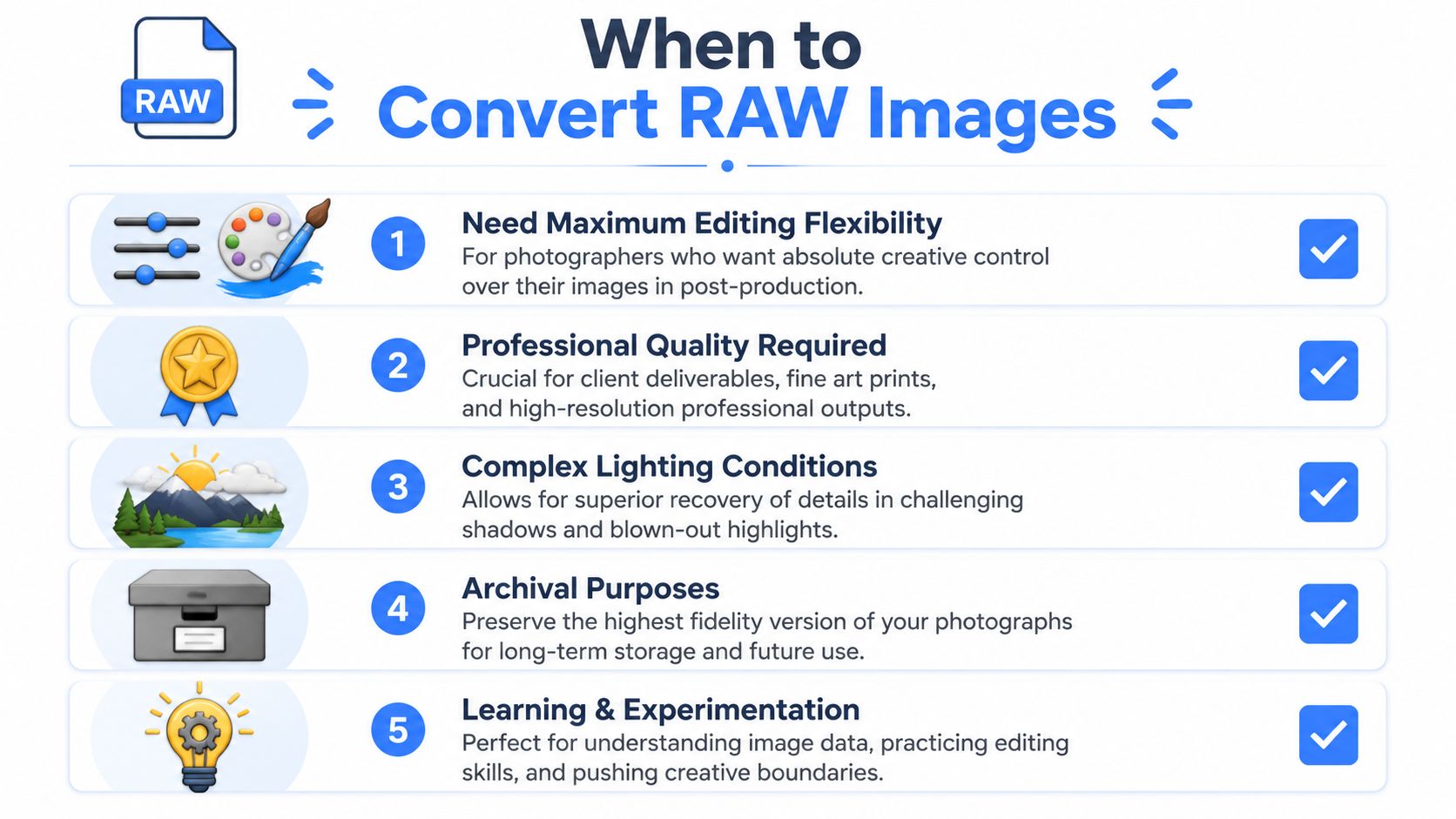 An infographic list outlining five key reasons for photographers to convert raw image files into formats.